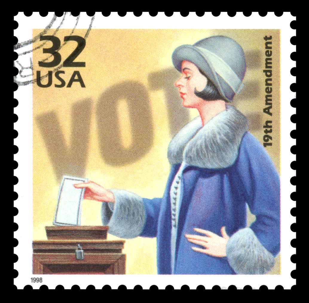 USA vintage postage stamp showing an image of a woman voting in the 1920's commemorating women's suffrage