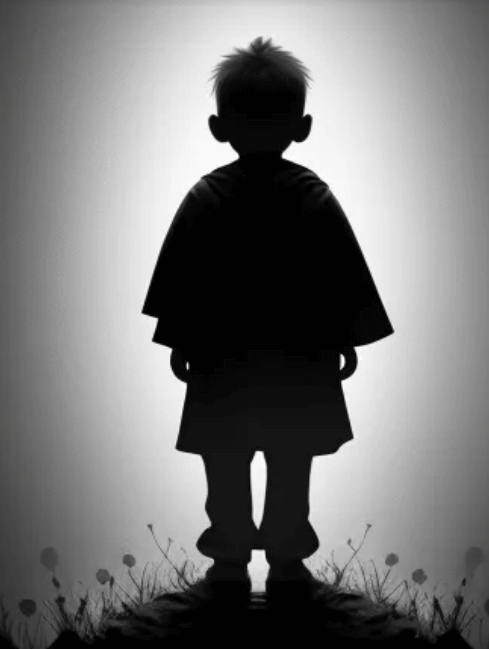 Silhouette of a child standing on the grass looking at the sky