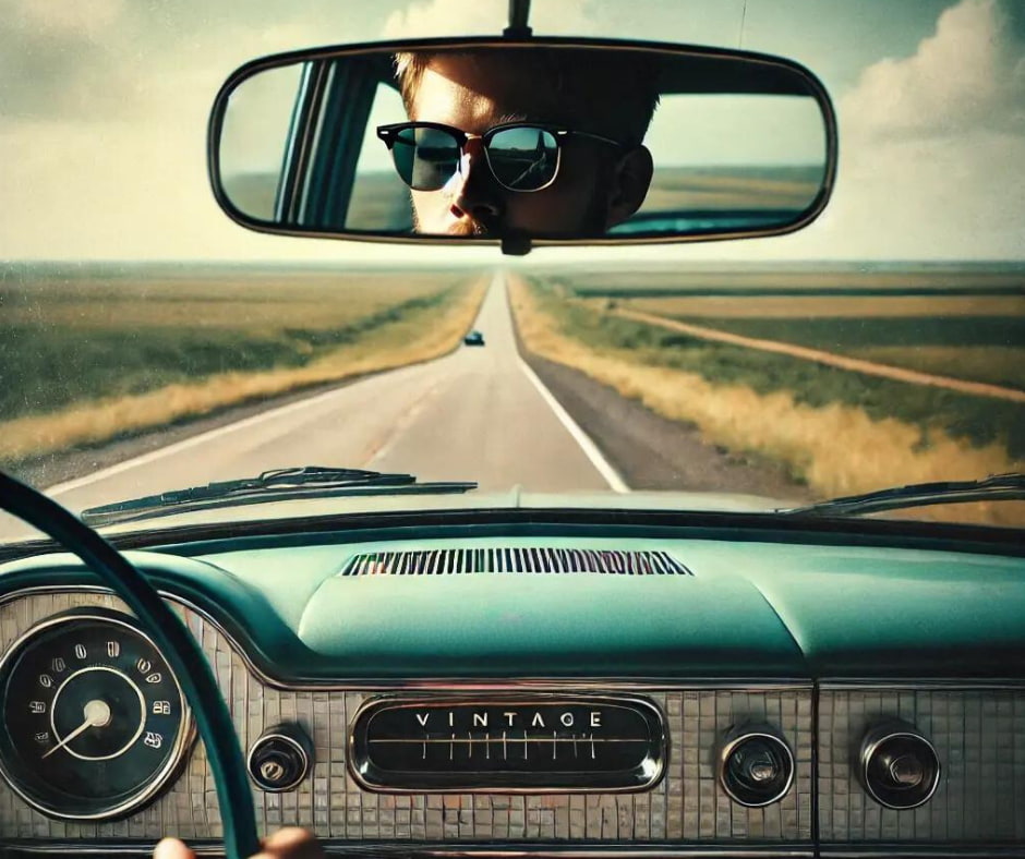 Driver seat view in an old car where the mirror reflects the sun-glassed cover eyes of the driver, and the surrounding reflects a highway and an empty countryside.