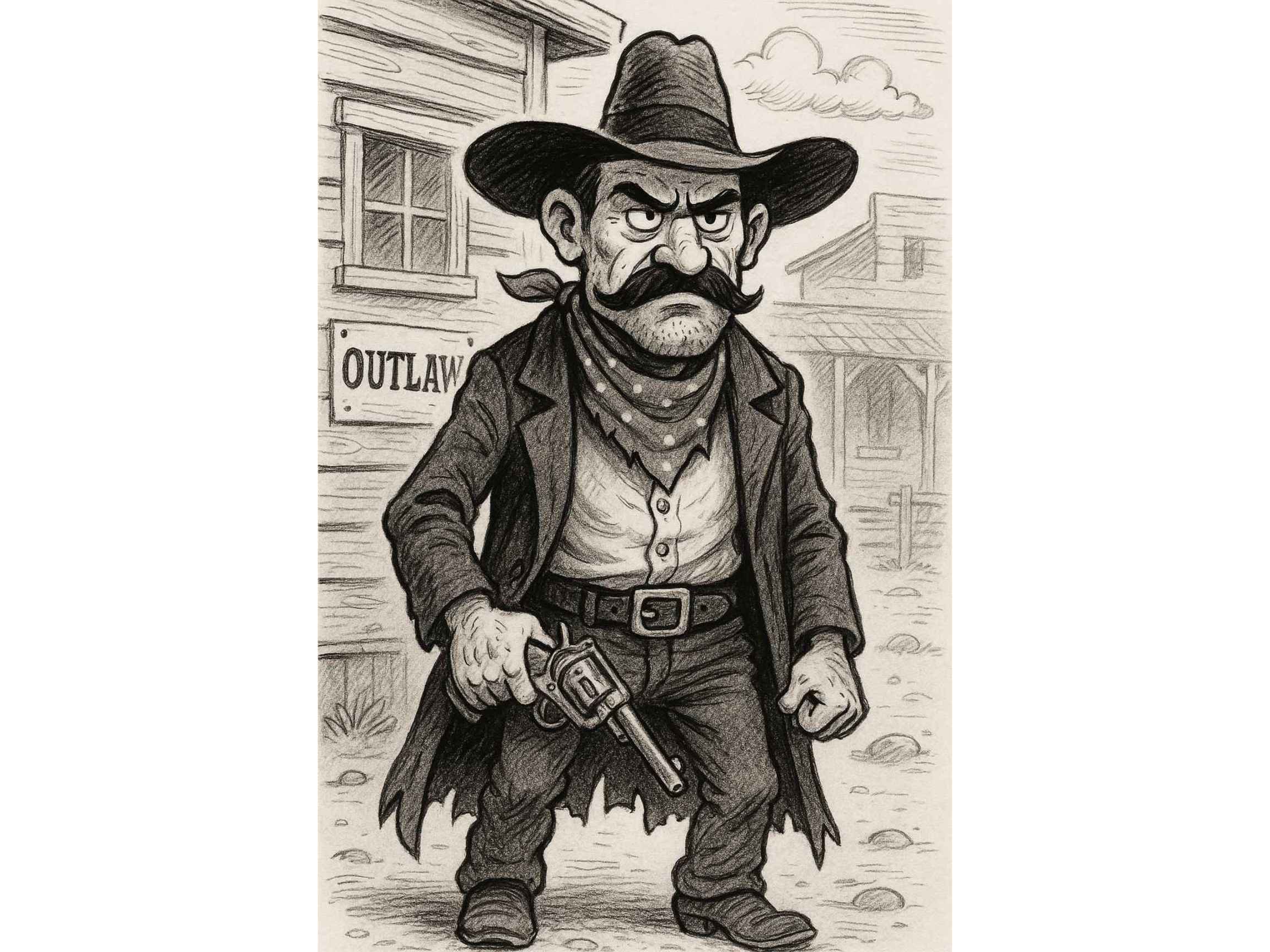 ChatGPT generated image of a cartoon man that's an outlaw in the wild west